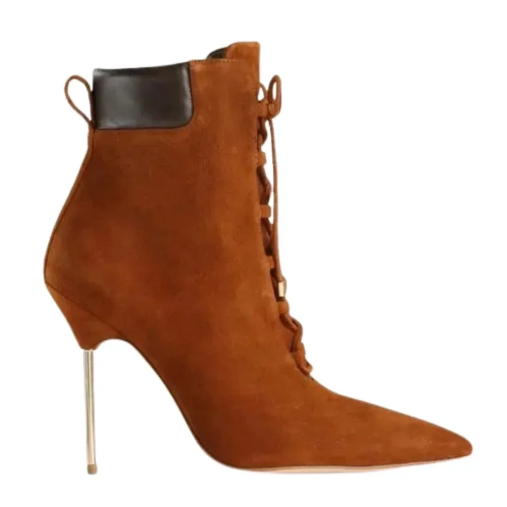 Good American Scandal Brown Suede Lace Up Gold Heel Point Toe Booties